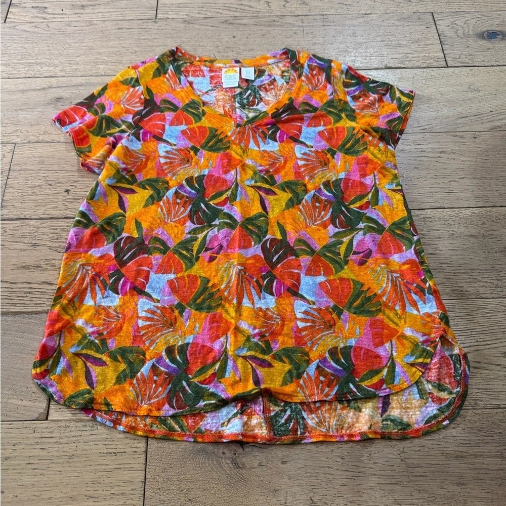 C&C California Tropical Leaf Print Linen‎ V Neck Short Sleeve Tunic Top 1X (788)